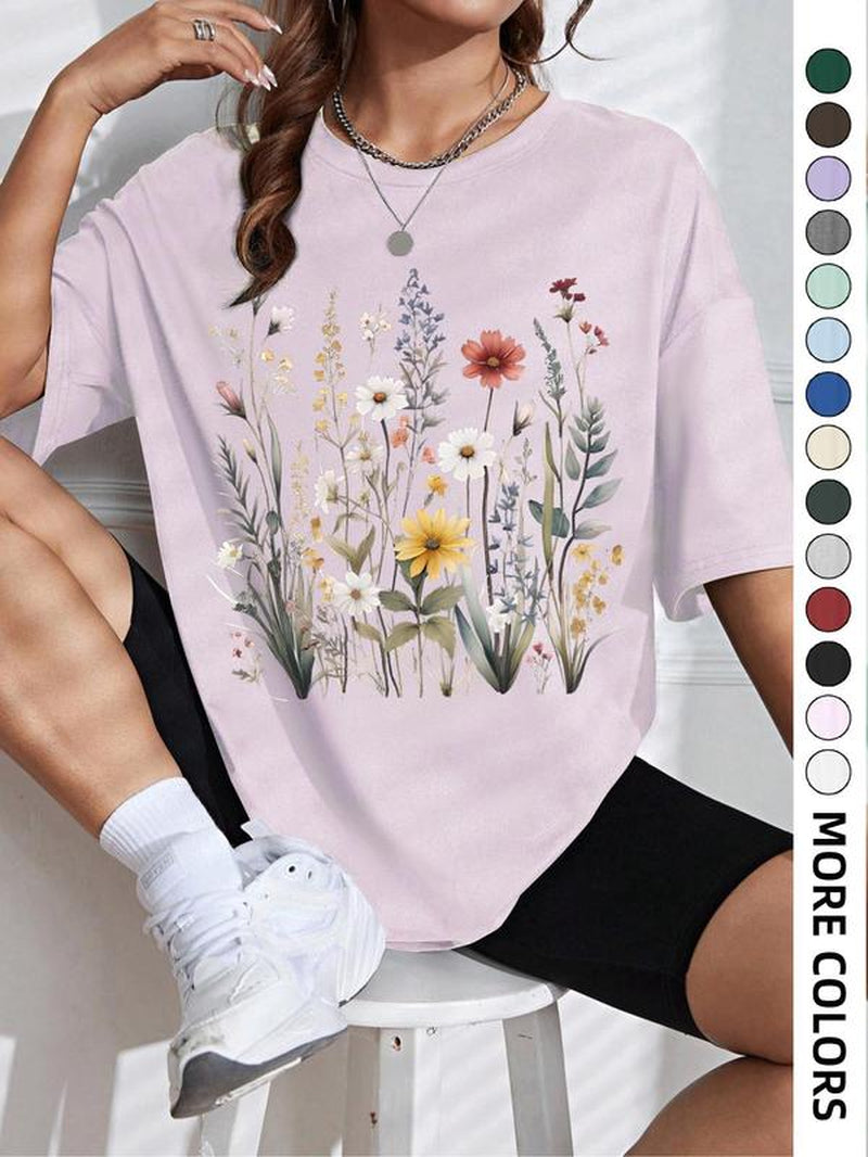 Women'S Floral Print round Neck Tee, Casual Drop Shoulder Short Sleeve T-Shirt, Ladies Summer Clothes, Tops for Women, Clothing